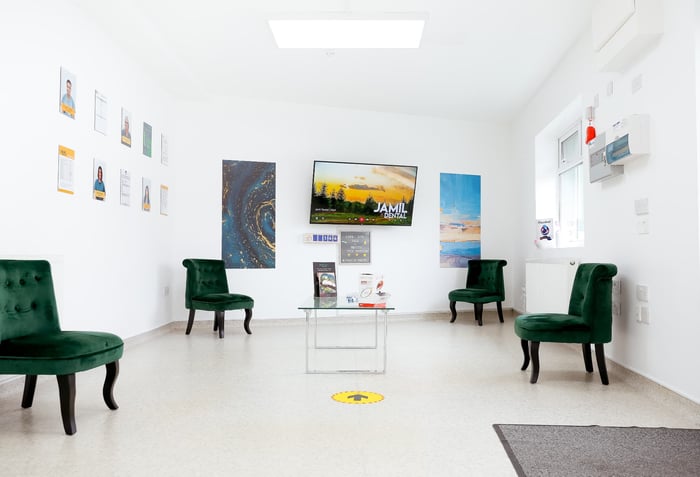 A dental surgery with treatment chair and monitor at Jamil Dental, Hirwaun